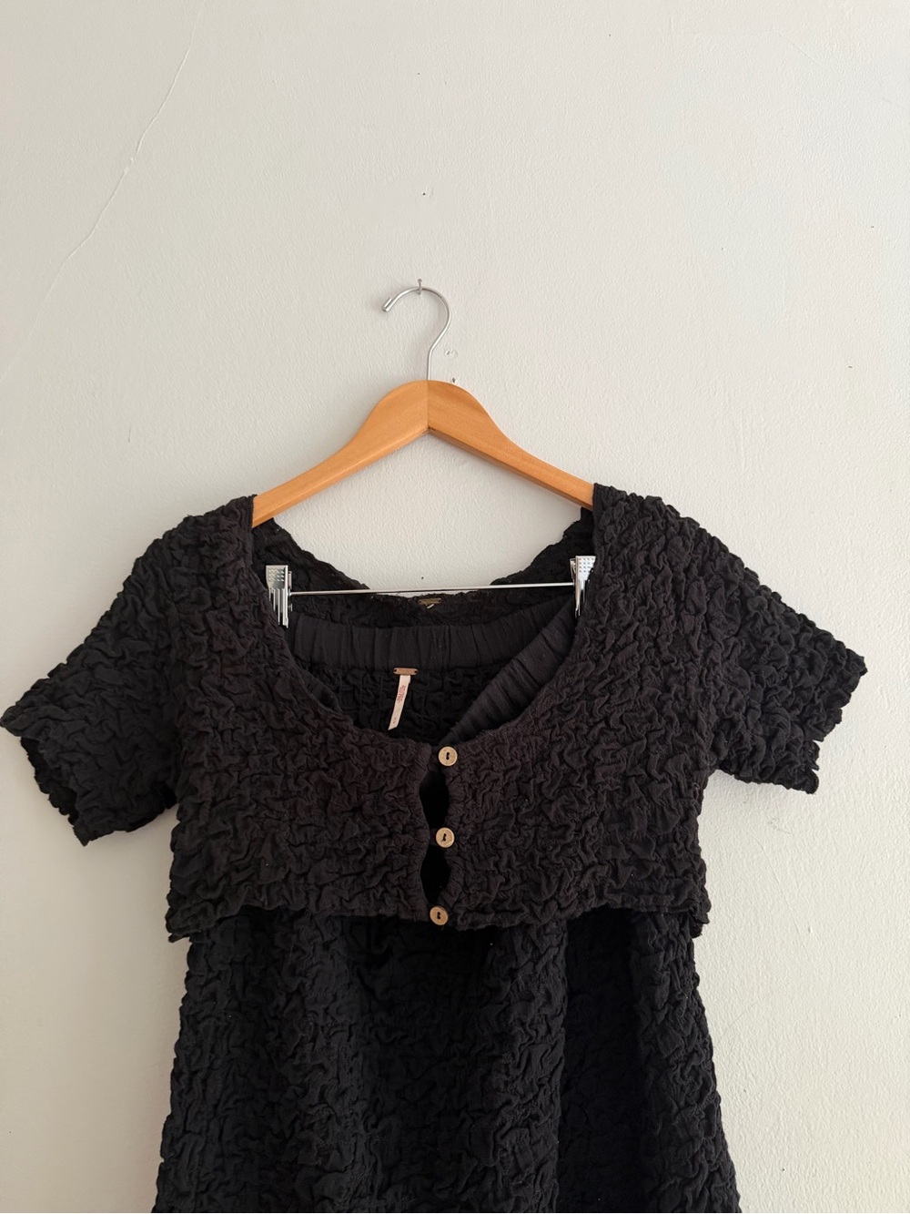 Free People Black Crinkle Short-Sleeve Button Front Tunic